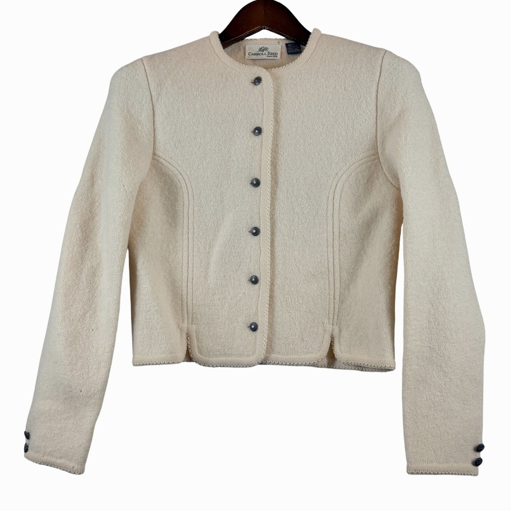 VTG Carroll Reed Women 10 Boiled Wool Jacket Cream Pewter Buttons Cropped - FLAW